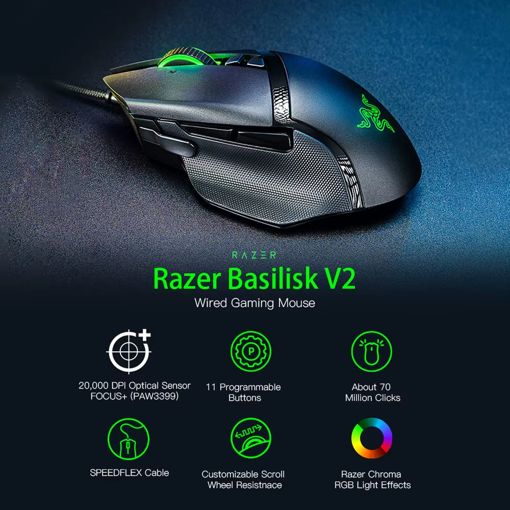 Razer Basilisk V2 Gaming Mouse 20000 DPI Optical Sensor Chroma RGB 11 Programmable Buttons Mouse Mice Gaming Mouse for Gamer